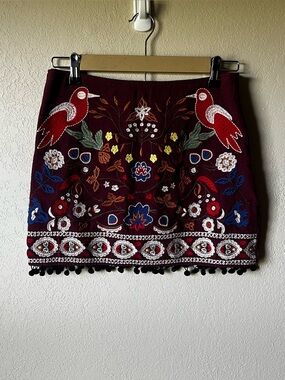 Altard State  Embroidered Burgundy Mini Skirt with Pom Trim